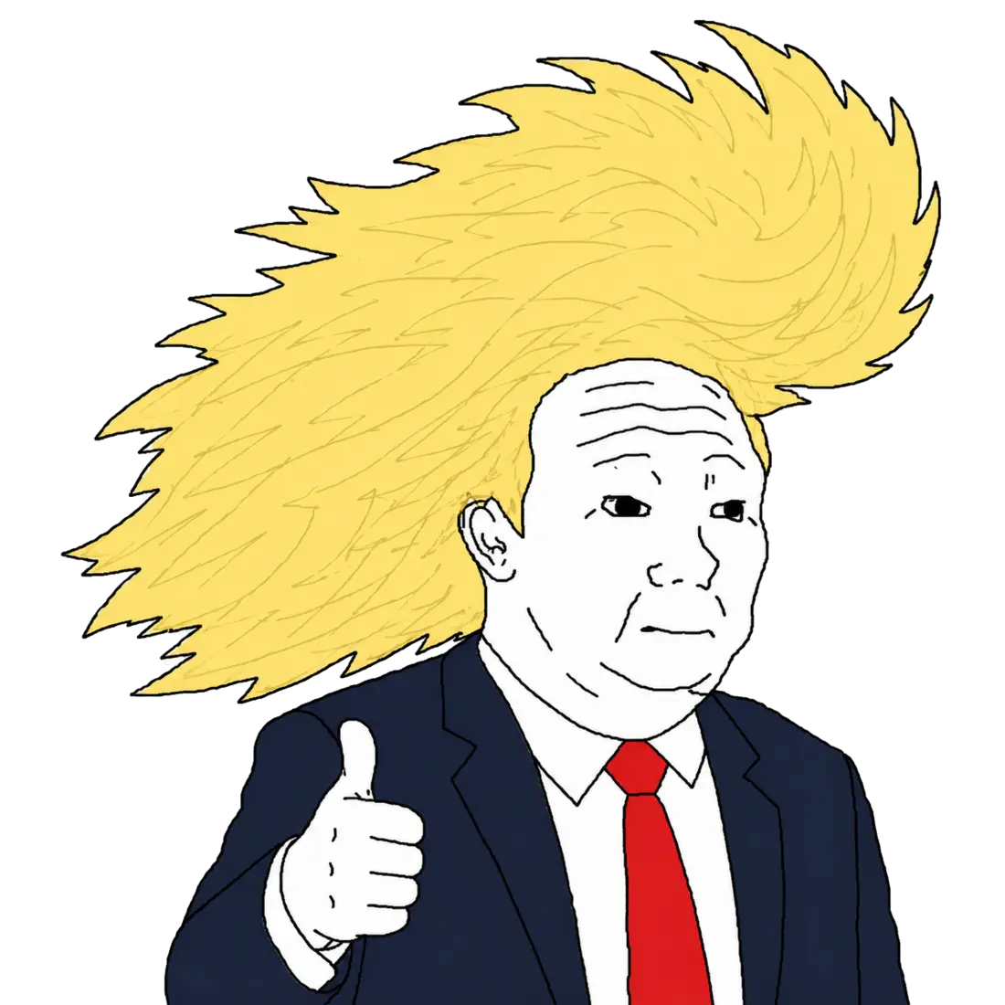 Hand-drawn meme caricature of Trump with enormous blond hair